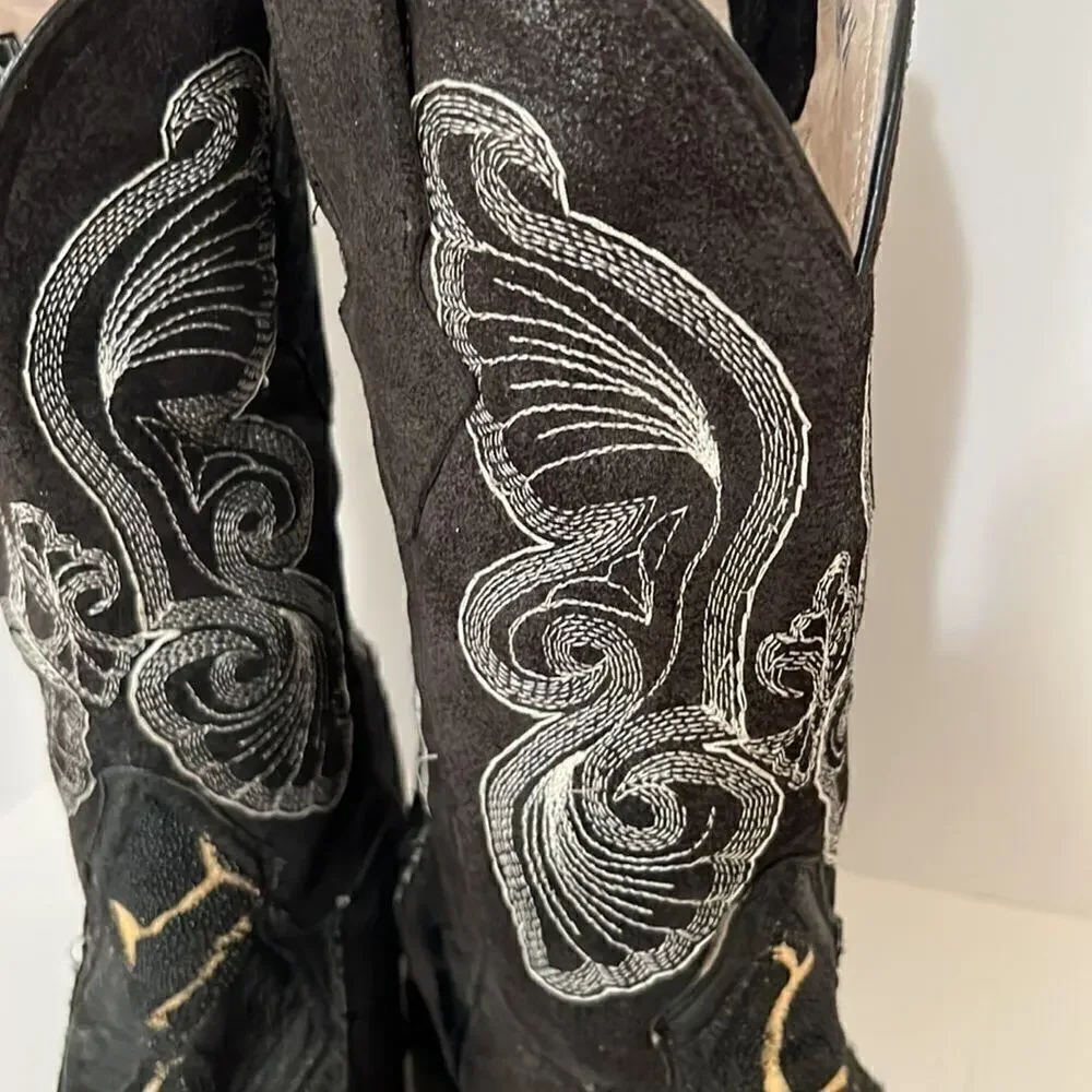 Olvera  Made in Mexico Black Leather Boots With White Butterfly Embroidery 6.5